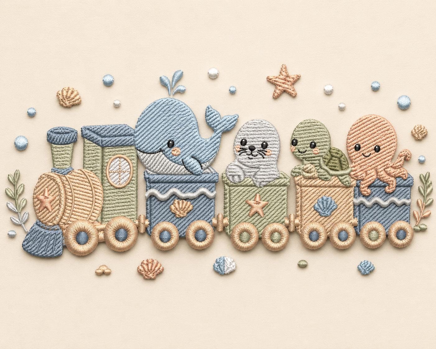 Cute Ocean Animal Train Embroidery Design, Whale Turtle Seal Octopus Coastal Kawaii Pastel Nursery Art (Digital File)