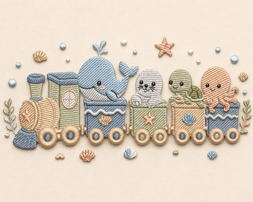 Cute Ocean Animal Train Embroidery Design, Whale Turtle Seal Octopus Coastal Kawaii Pastel Nursery Art (Digital File)