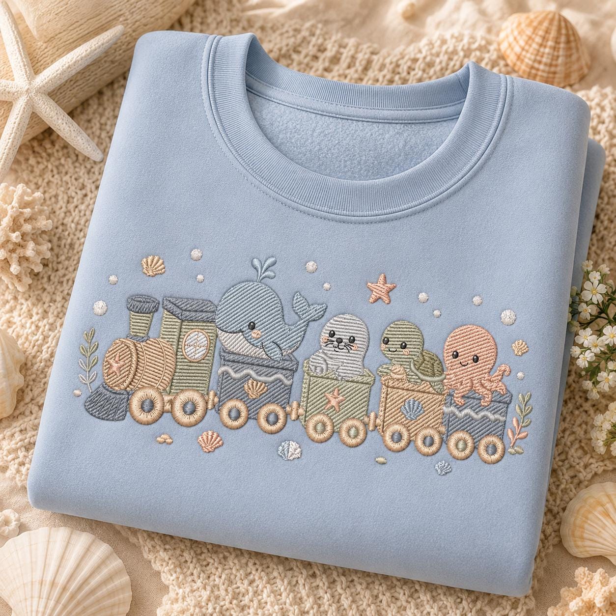 Cute Ocean Animal Train Embroidery Design, Whale Turtle Seal Octopus Coastal Kawaii Pastel Nursery Art (Digital File)