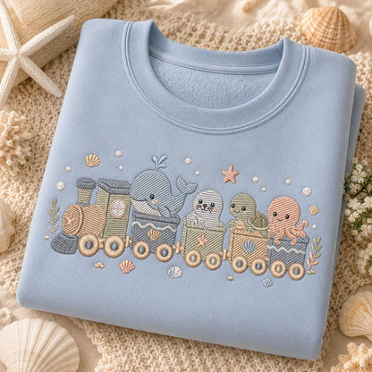 Cute Ocean Animal Train Embroidery Design, Whale Turtle Seal Octopus Coastal Kawaii Pastel Nursery Art (Digital File)