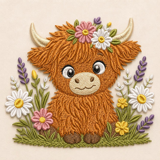 Cute Highland Cow Embroidery Design, Floral Cottagecore Daisy Lavender Farm Animal Whimsical Spring Art (Digital File)