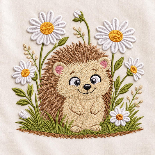 Cute Hedgehog Embroidery Design, Daisy Floral Cottagecore Woodland Spring Garden Whimsical Animal Art (Digital File)