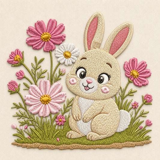 Cute Bunny Embroidery Design, Pink Floral Cottagecore Spring Garden Kawaii Easter Whimsical Art (Digital File)