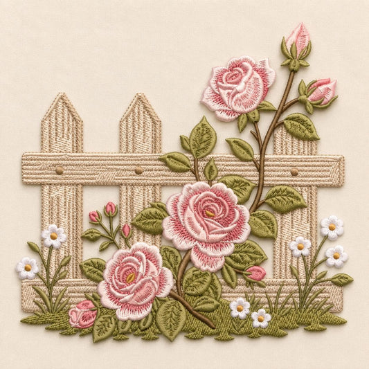 Rose Garden Fence Embroidery Design, Pink Floral Cottagecore Botanical Vintage Spring Garden Art (Digital Download)