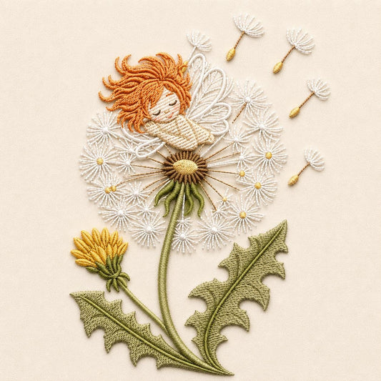 Dandelion Fairy Embroidery Design, Whimsical Floral Cottagecore Woodland Fairy Botanical Art (Digital Download)