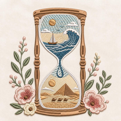 Hourglass Embroidery Design, Ocean Wave Desert Pyramid Floral Vintage Boho Time Travel Art (Digital Download)