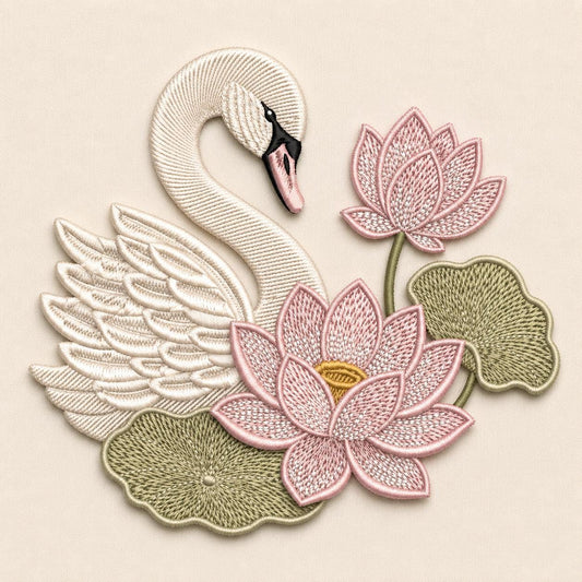 Swan Lotus Embroidery Design, Elegant Pink Floral Cottagecore Botanical Pond Nature Art (Digital Download)