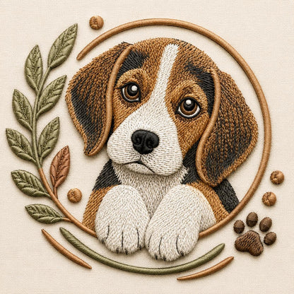 Beagle Puppy Embroidery Design, Cute Dog Portrait Woodland Botanical Pet Lover Art (Digital Download)