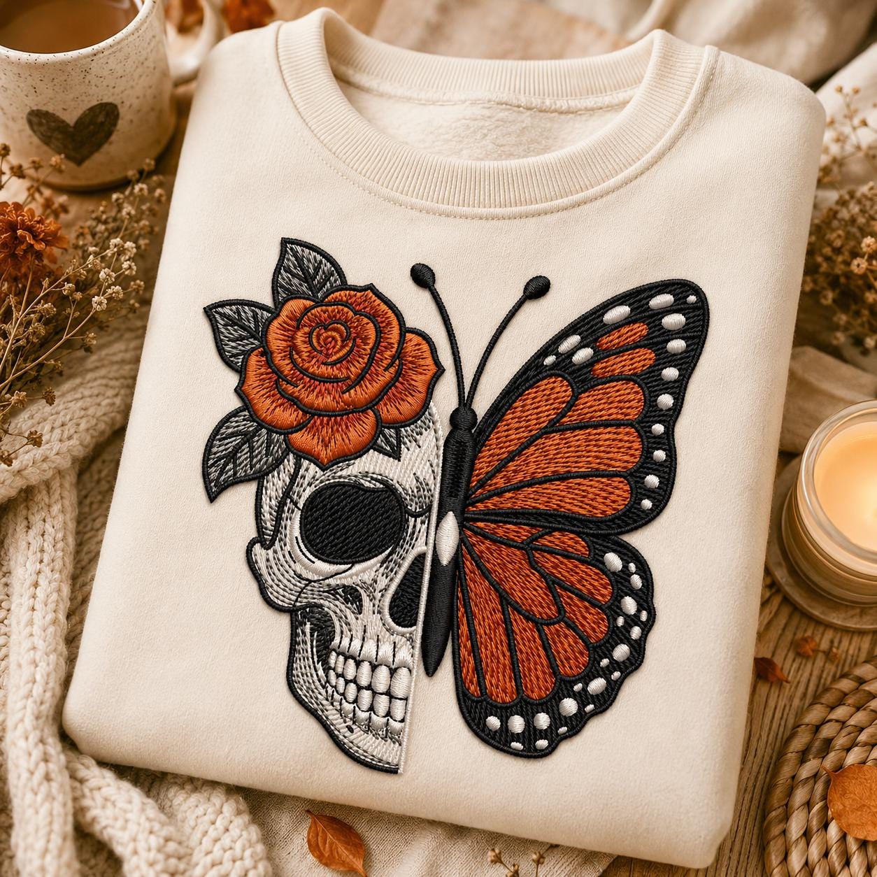 Skull Butterfly Embroidery Design, Gothic Monarch Butterfly Orange Rose Dark Floral Halloween Art (Digital Download)