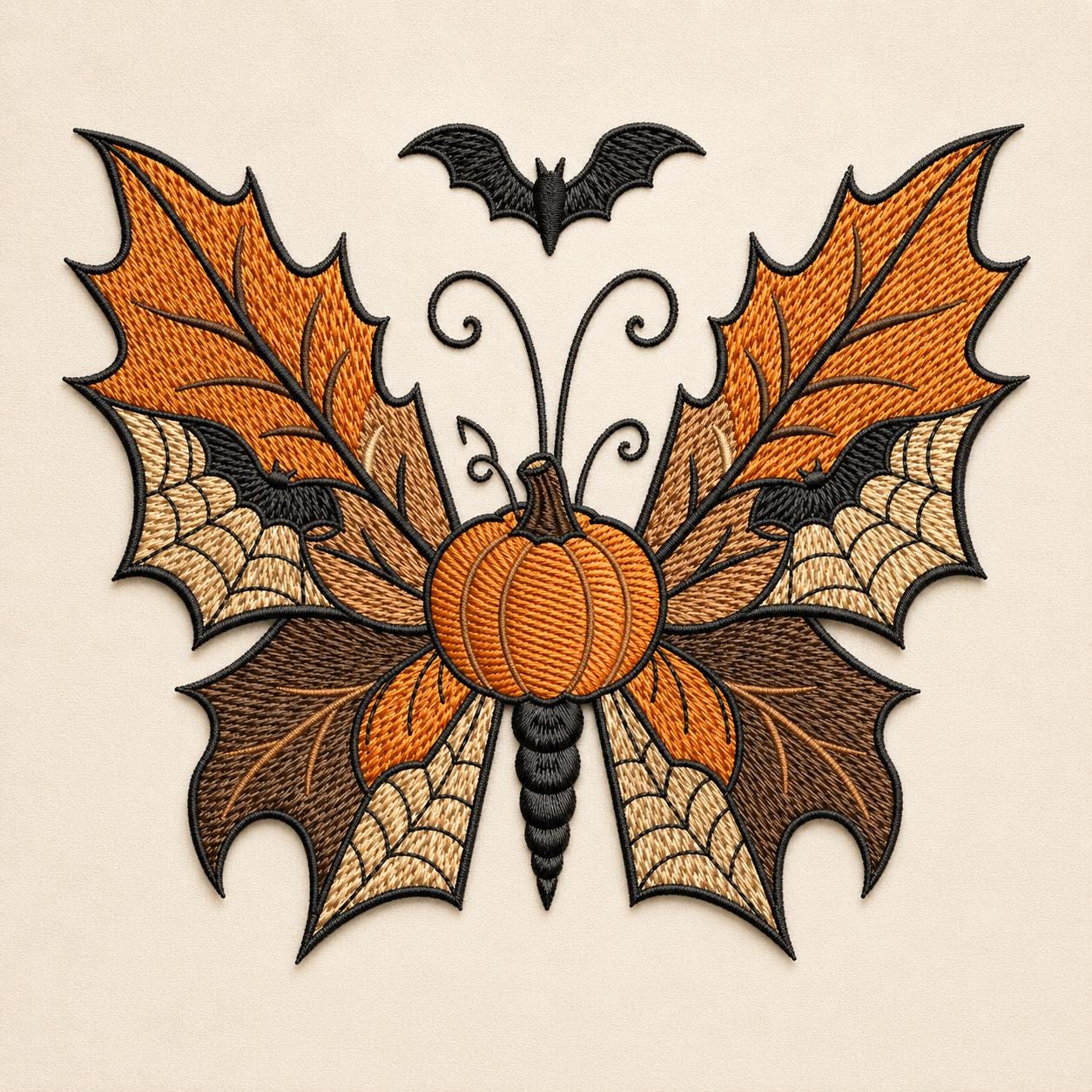 Pumpkin Bat Butterfly Embroidery Design, Gothic Halloween Spiderweb Autumn Spooky Fall Art (Digital Download)