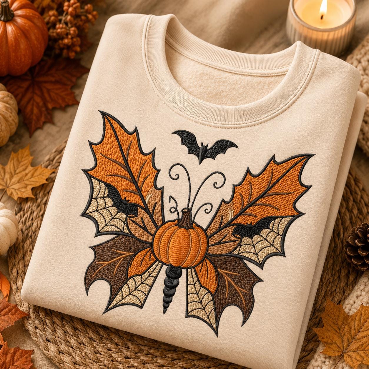 Pumpkin Bat Butterfly Embroidery Design, Gothic Halloween Spiderweb Autumn Spooky Fall Art (Digital Download)