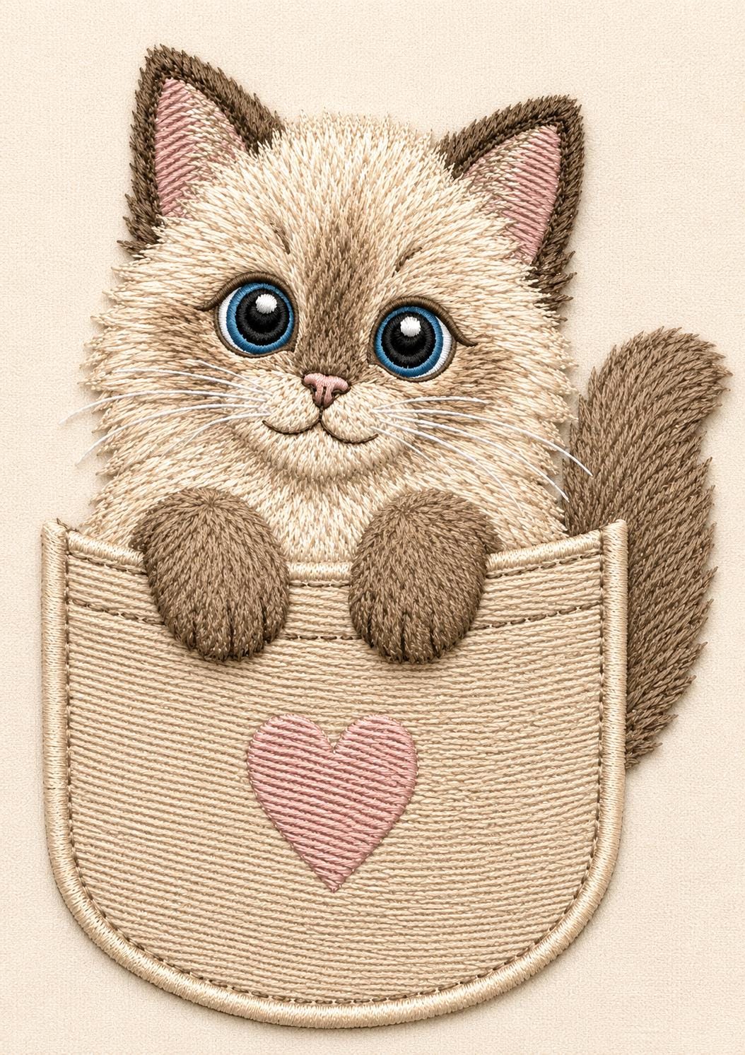 Cute Kitten Pocket Embroidery Design, Kawaii Cat Pink Heart Adorable Pet Lover Animal Art (Digital Download)