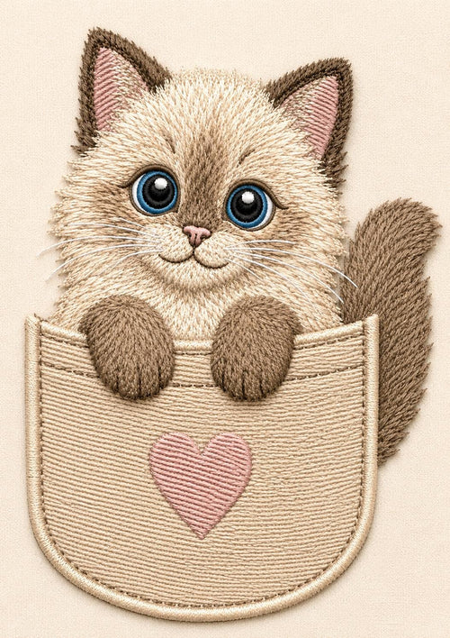 Cute Kitten Pocket Embroidery Design, Kawaii Cat Pink Heart Adorable Pet Lover Animal Art (Digital Download)