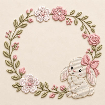 Floral Bunny Wreath Embroidery Design, Cute Pink Bow Rabbit Spring Flowers Easter Nursery Decor (Digital Download)