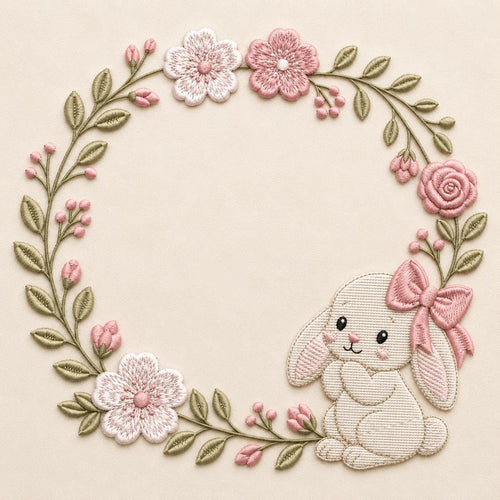 Floral Bunny Wreath Embroidery Design, Cute Pink Bow Rabbit Spring Flowers Easter Nursery Decor (Digital Download)