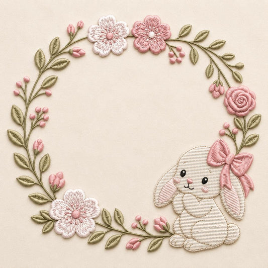 Floral Bunny Wreath Embroidery Design, Cute Pink Bow Rabbit Spring Flowers Easter Nursery Decor (Digital Download)
