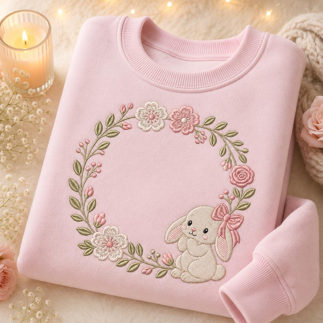 Floral Bunny Wreath Embroidery Design, Cute Pink Bow Rabbit Spring Flowers Easter Nursery Decor (Digital Download)