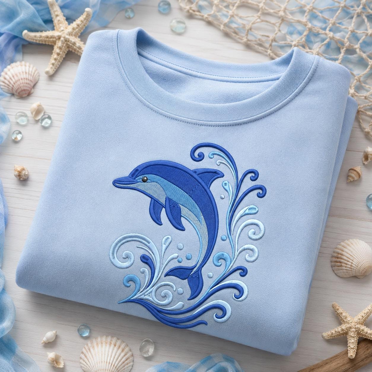 Dolphin Ocean Waves Embroidery Design, Blue Coastal Sea Life Nautical Marine Animal Summer Beach Art (Digital Download)