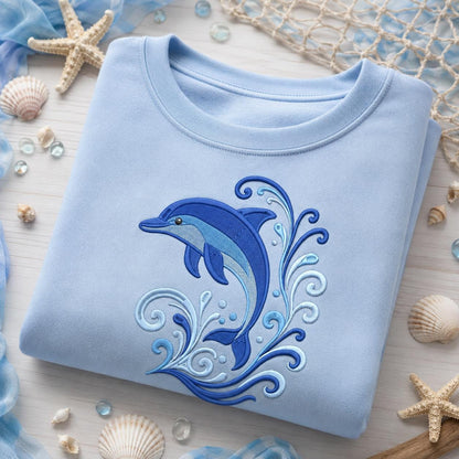 Dolphin Ocean Waves Embroidery Design, Blue Coastal Sea Life Nautical Marine Animal Summer Beach Art (Digital Download)