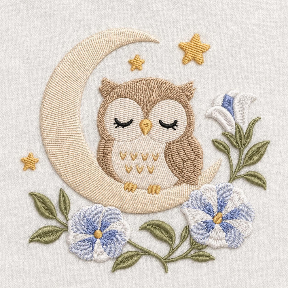 Owl Moon Floral Embroidery Design, Cute Sleeping Owl With Crescent Moon and Flowers, Woodland Nursery Art (Digital Download)