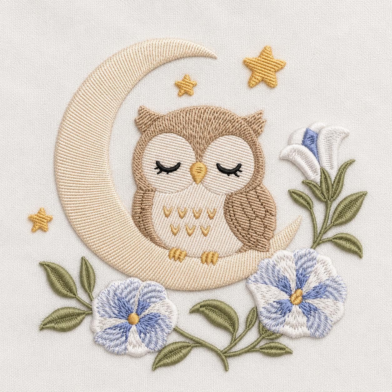 Owl Moon Floral Embroidery Design, Cute Sleeping Owl With Crescent Moon and Flowers, Woodland Nursery Art (Digital Download)