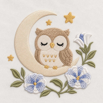 Owl Moon Floral Embroidery Design, Cute Sleeping Owl With Crescent Moon and Flowers, Woodland Nursery Art (Digital Download)