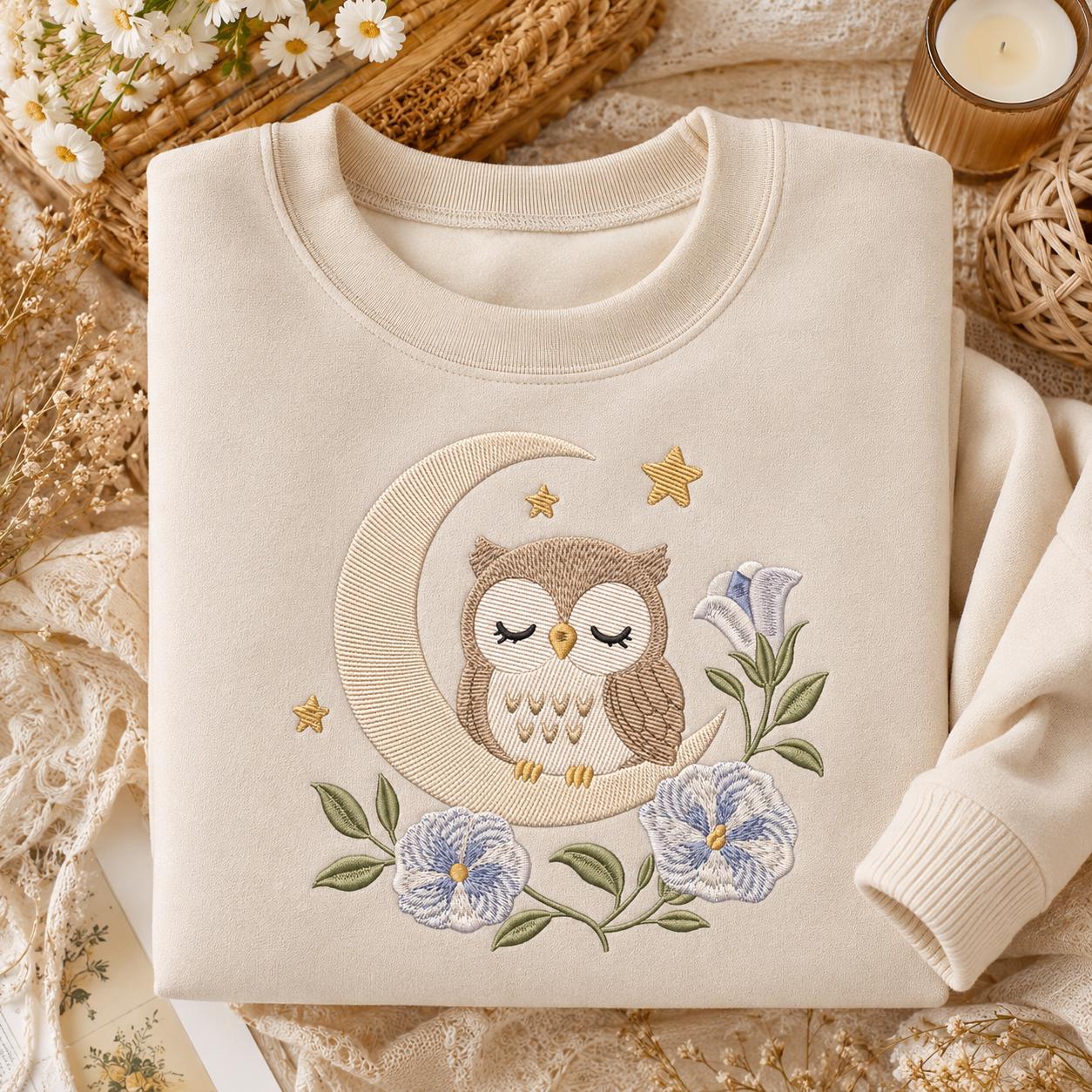 Owl Moon Floral Embroidery Design, Cute Sleeping Owl With Crescent Moon and Flowers, Woodland Nursery Art (Digital Download)