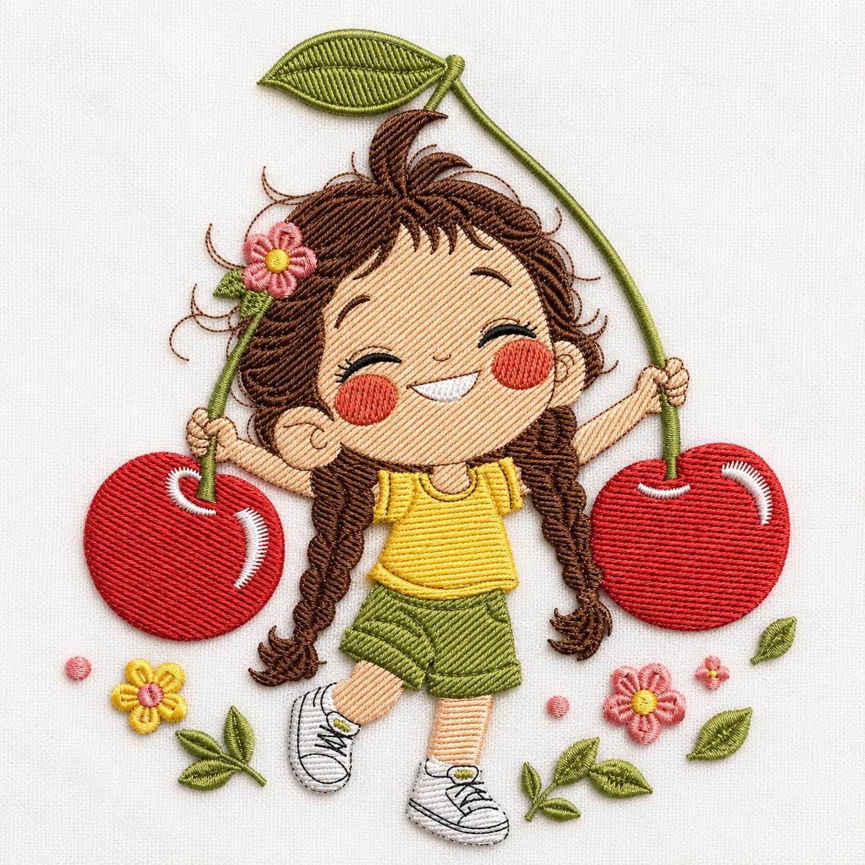 Cherry Girl Embroidery Design, Cute Summer Girl With Cherries and Flowers, Kawaii Fruit Cartoon Machine Embroidery (Digital Download)