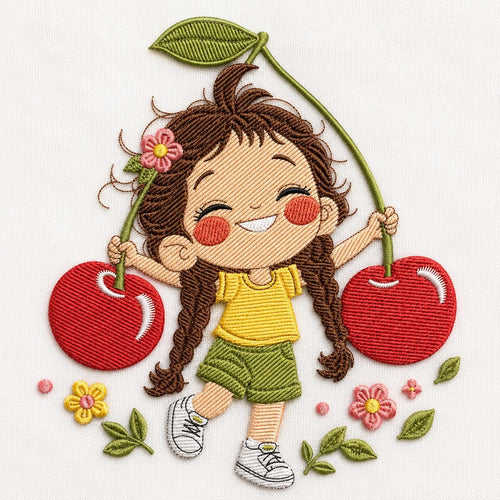 Cherry Girl Embroidery Design, Cute Summer Girl With Cherries and Flowers, Kawaii Fruit Cartoon Machine Embroidery (Digital Download)
