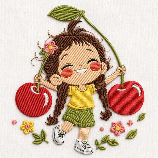 Cherry Girl Embroidery Design, Cute Summer Girl With Cherries and Flowers, Kawaii Fruit Cartoon Machine Embroidery (Digital Download)