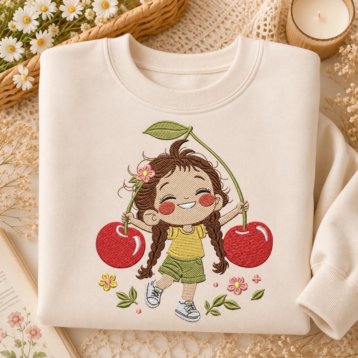 Cherry Girl Embroidery Design, Cute Summer Girl With Cherries and Flowers, Kawaii Fruit Cartoon Machine Embroidery (Digital Download)