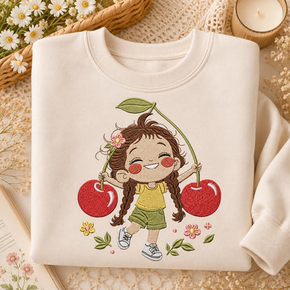 Cherry Girl Embroidery Design, Cute Summer Girl With Cherries and Flowers, Kawaii Fruit Cartoon Machine Embroidery (Digital Download)
