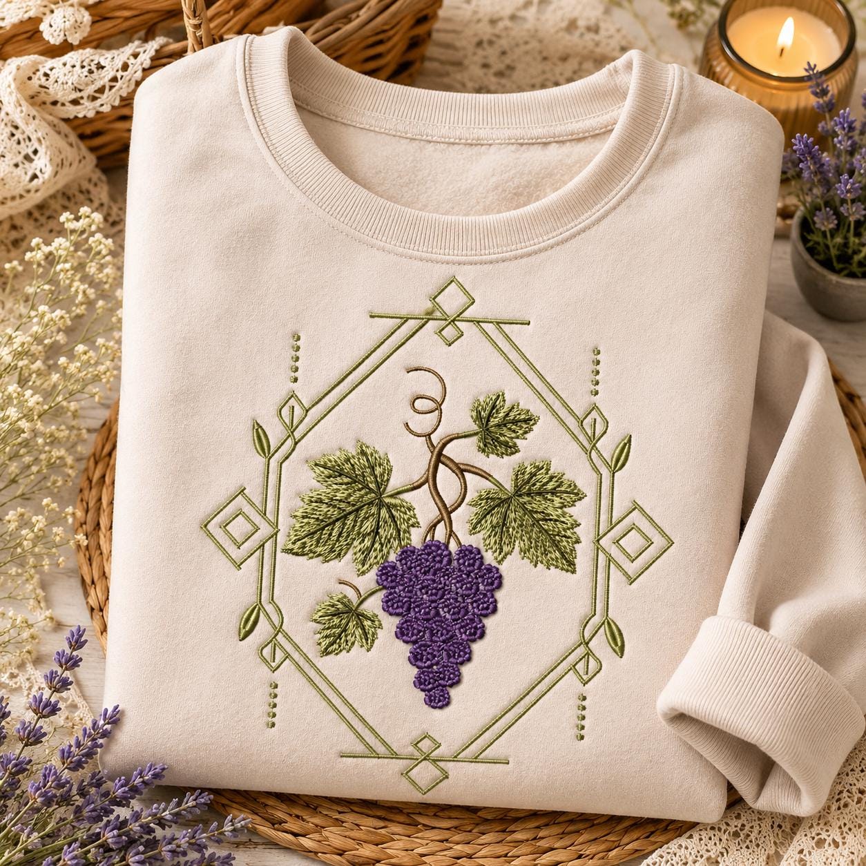 Grape Vine Embroidery Design, Purple Grapes With Botanical Leaves and Geometric Frame, Vineyard Fruit Art (Digital Download)