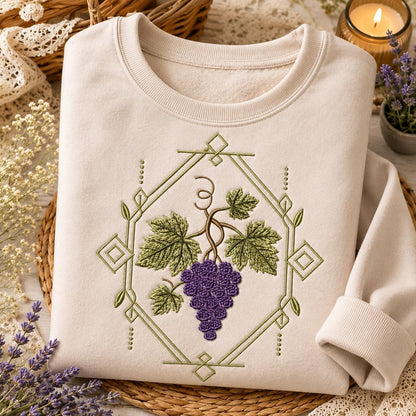 Grape Vine Embroidery Design, Purple Grapes With Botanical Leaves and Geometric Frame, Vineyard Fruit Art (Digital Download)