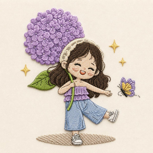 Hydrangea Girl Embroidery Design, Purple Floral Cottagecore Kawaii Spring Butterfly Whimsical Art (Digital File)