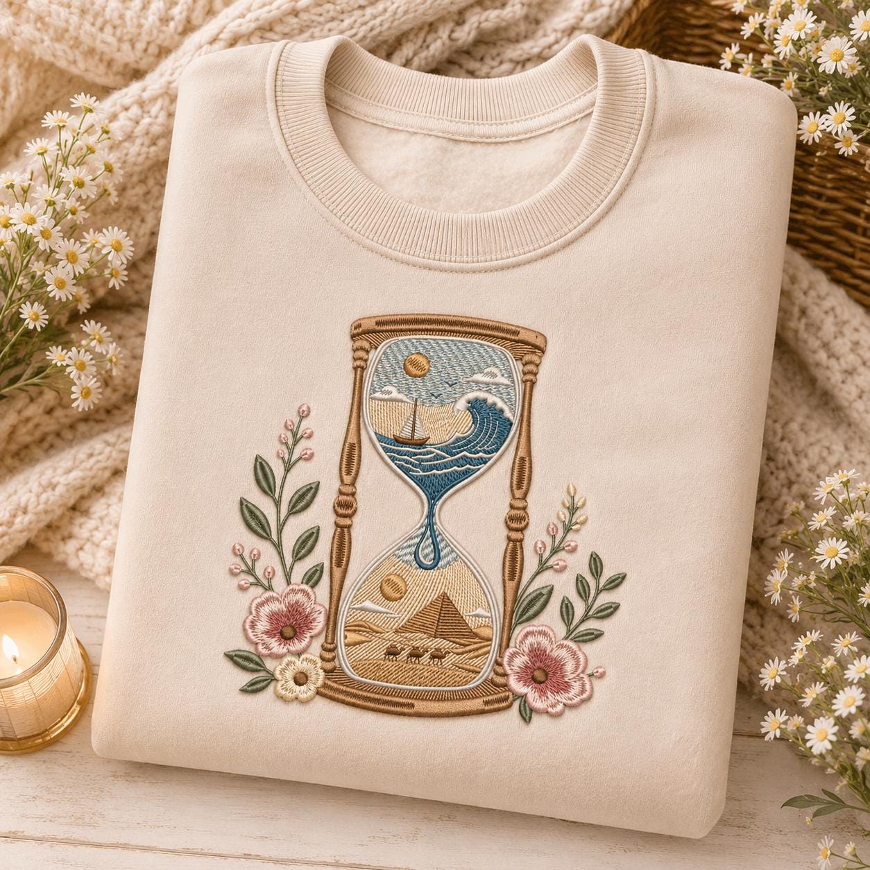 Hourglass Embroidery Design, Ocean Wave Desert Pyramid Floral Vintage Boho Time Travel Art (Digital Download)