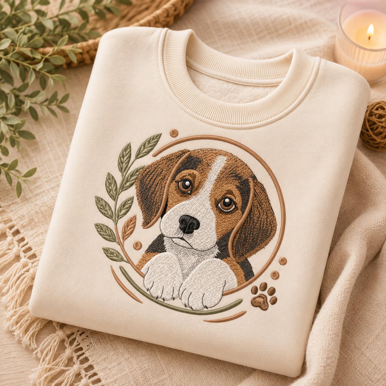 Beagle Puppy Embroidery Design, Cute Dog Portrait Woodland Botanical Pet Lover Art (Digital Download)