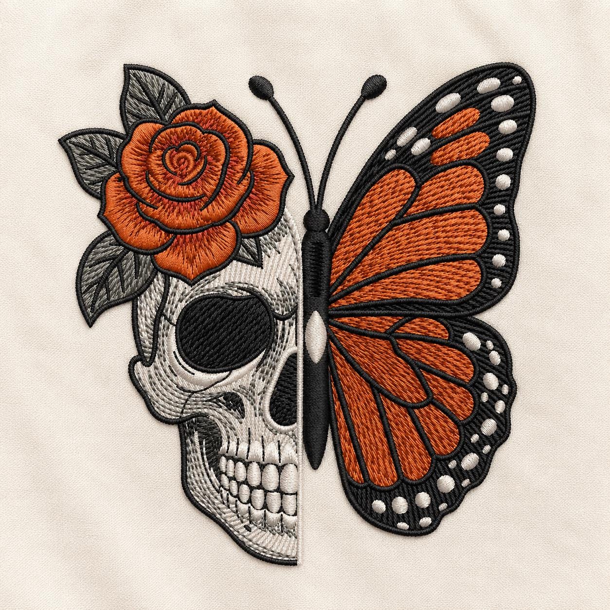 Skull Butterfly Embroidery Design, Gothic Monarch Butterfly Orange Rose Dark Floral Halloween Art (Digital Download)