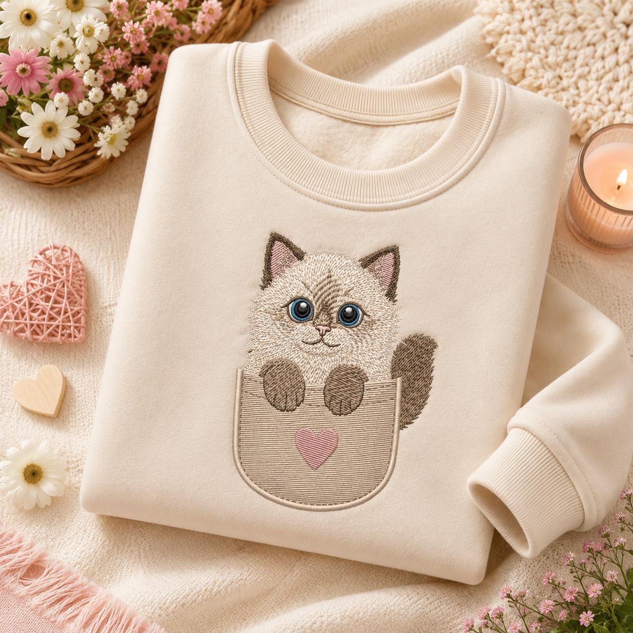 Cute Kitten Pocket Embroidery Design, Kawaii Cat Pink Heart Adorable Pet Lover Animal Art (Digital Download)